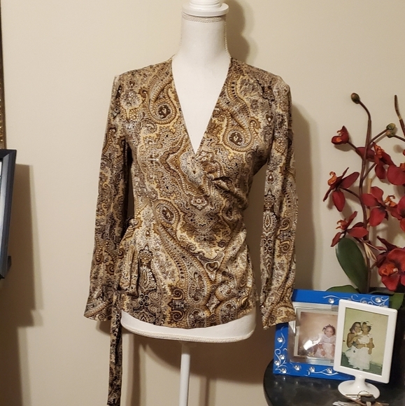 Talbots 100% Silk Brown Paisley Wrap Top - Picture 10 of 11
